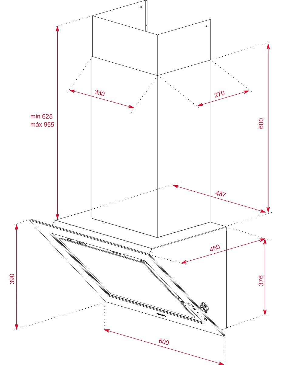 Schemat okapu, pokazujący wymiary w milimetrach. Posiada strzałki i liczby.