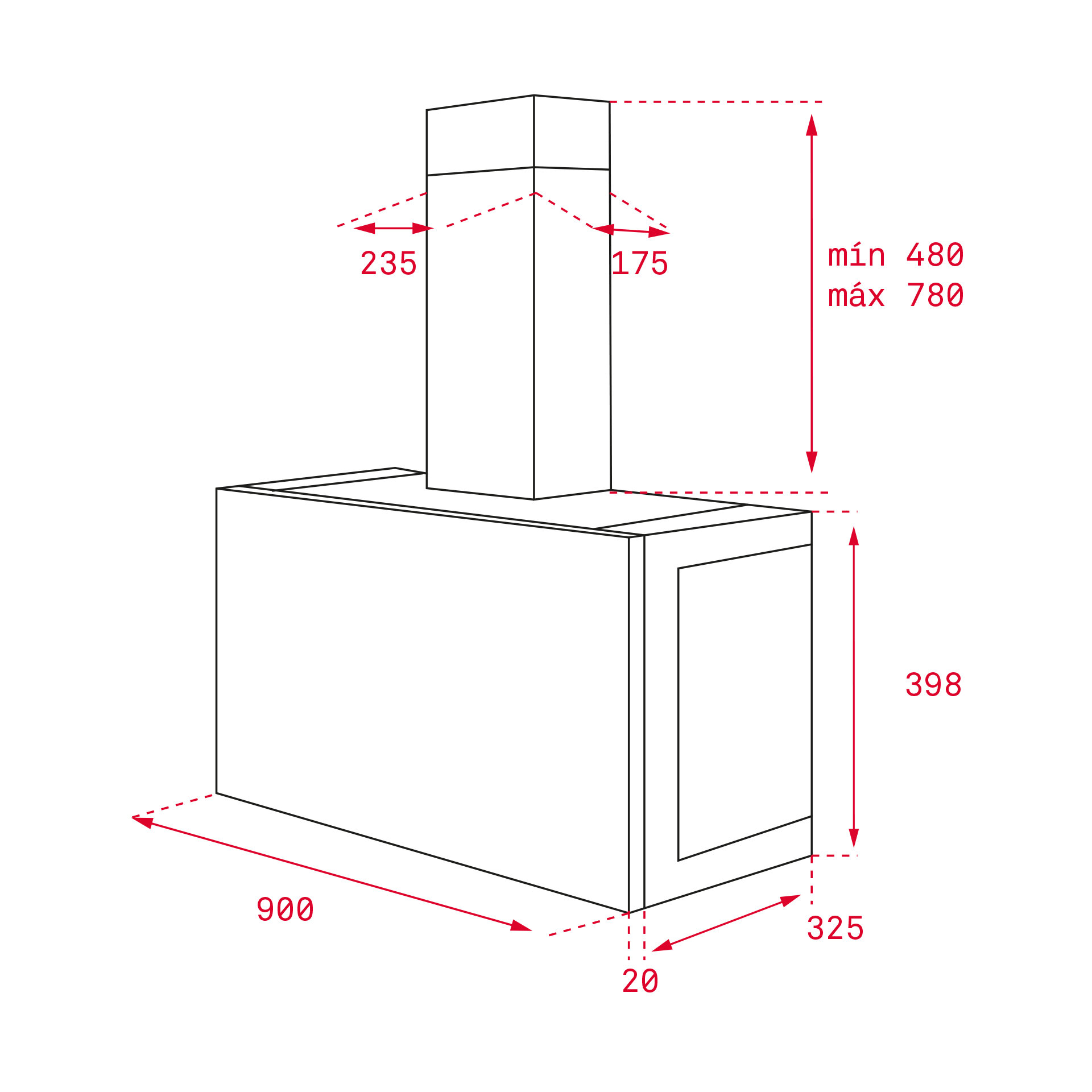 Rysunek techniczny okapu z wymiarami i etykietami pomiarowymi w kolorze czerwonym.
