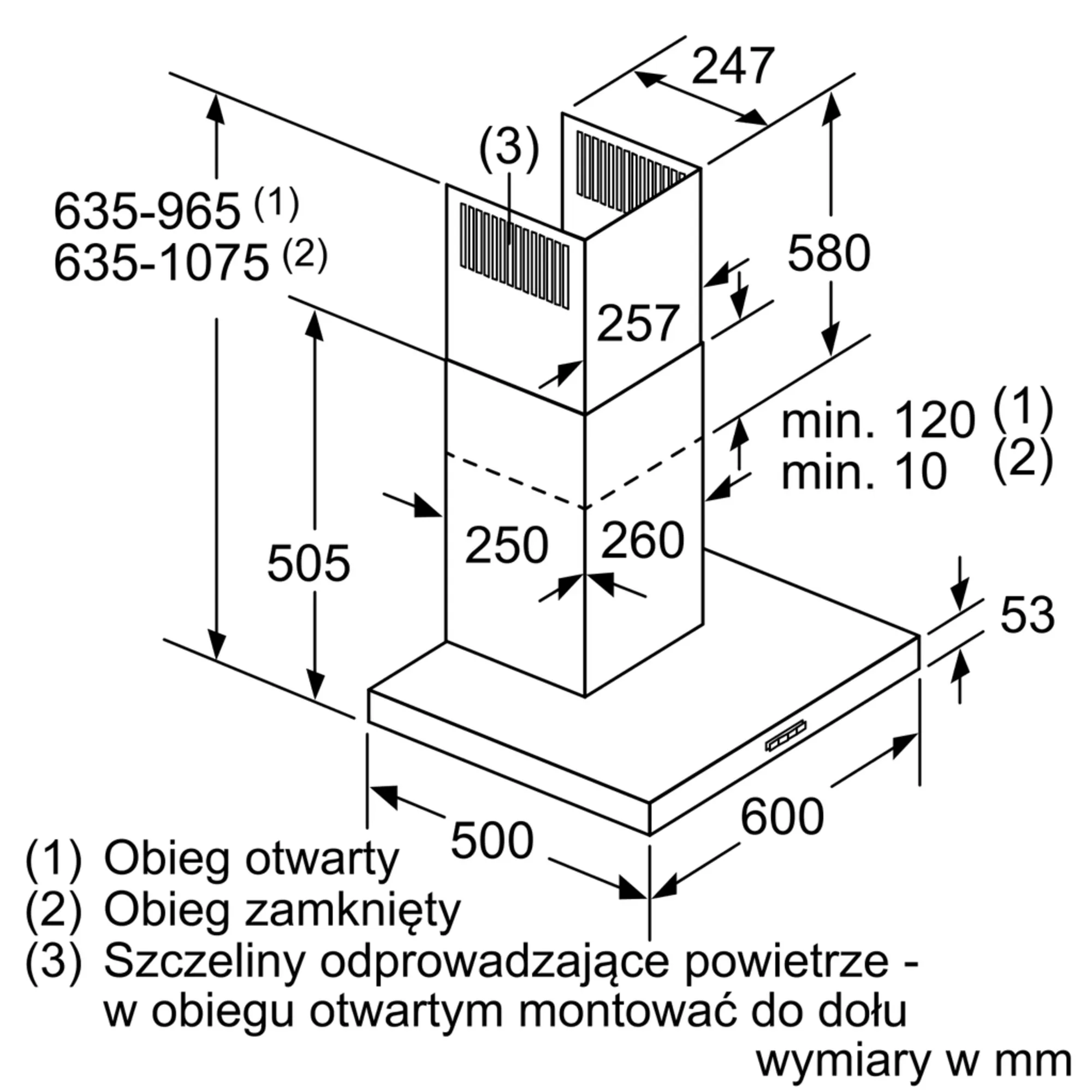 Schemat okapu kuchennego z wymiarami w milimetrach.