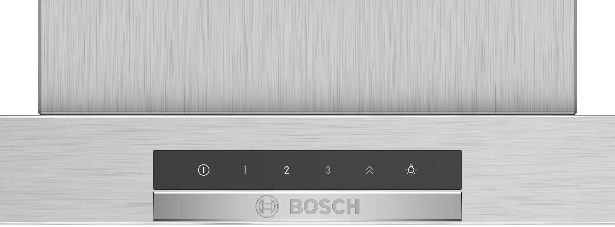 Panel sterowania okapu Bosch. Srebrny z zasilaniem, przyciskami 1-3 i ikoną światła, logo.