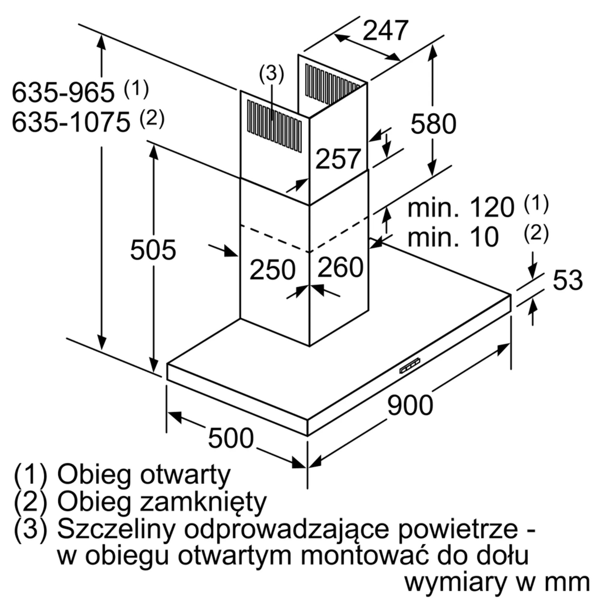 Schemat okapu kuchennego, pokazujący wymiary i opisane części.