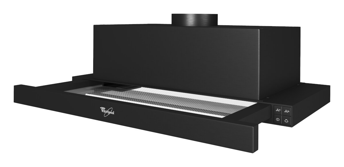 Czarny okap kuchenny o prostokątnym kształcie. Posiada szklany panel i przyciski sterowania.