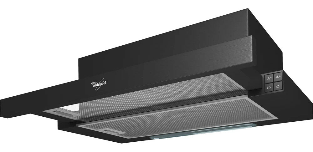 Czarny okap, widok od dołu. Posiada metalowy filtr siatkowy i przyciski sterowania po prawej stronie.