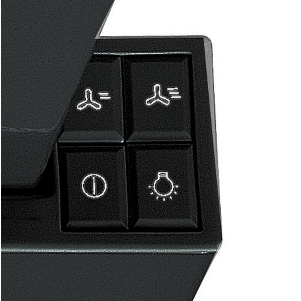 Zbliżenie czarnych przycisków sterowania z symbolami wentylatora i światła. Ułożone w kwadratowy wzór.