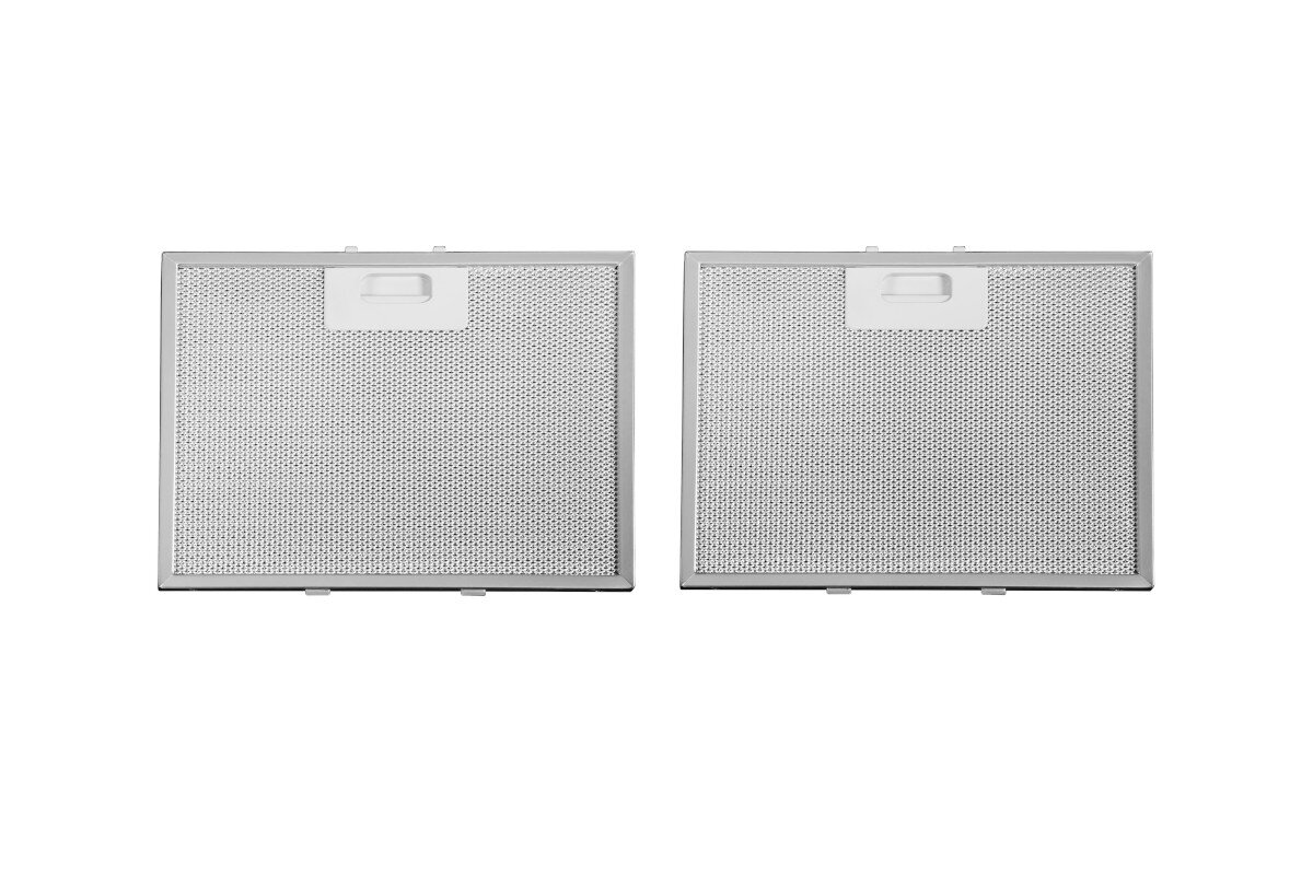 Dwa prostokątne metalowe filtry do okapu kuchennego z perforowaną powierzchnią i białymi uchwytami.