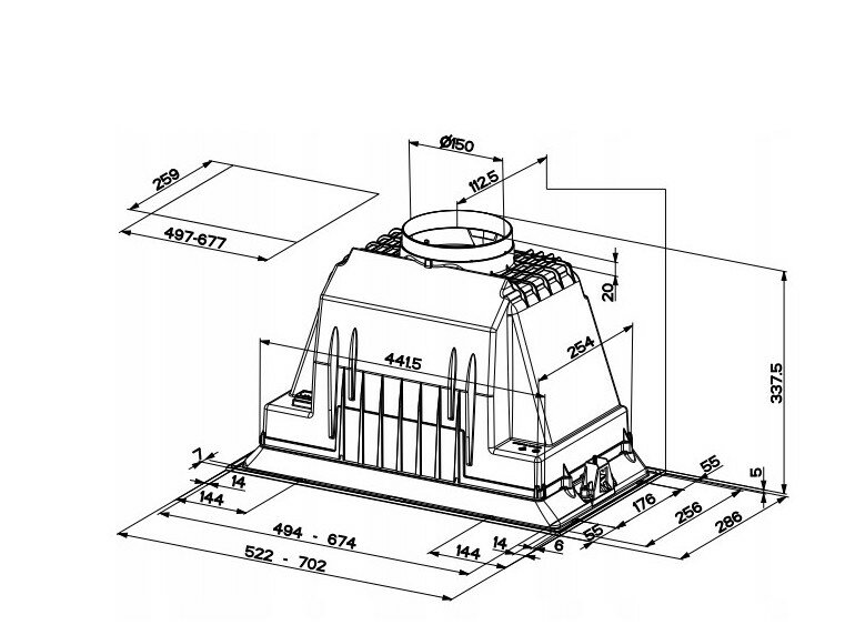 Rysunek techniczny okapu kuchennego z wymiarami i detalami.