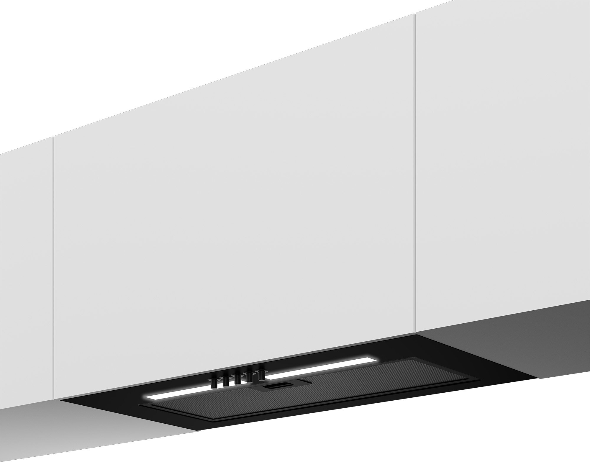 Okap podszafkowy z czarnymi akcentami i światłami, pod białymi szafkami.