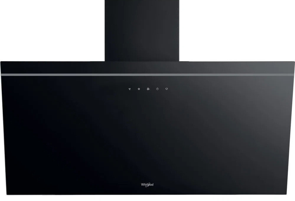 Czarny okap z srebrnym wykończeniem, przyciskami i logo 'Whirlpool'. Elegancki, nowoczesny design.