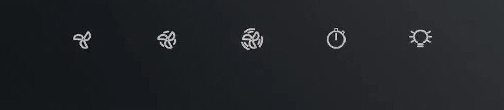 Pięć białych ikon na czarnym tle, wentylator, timer i światło.