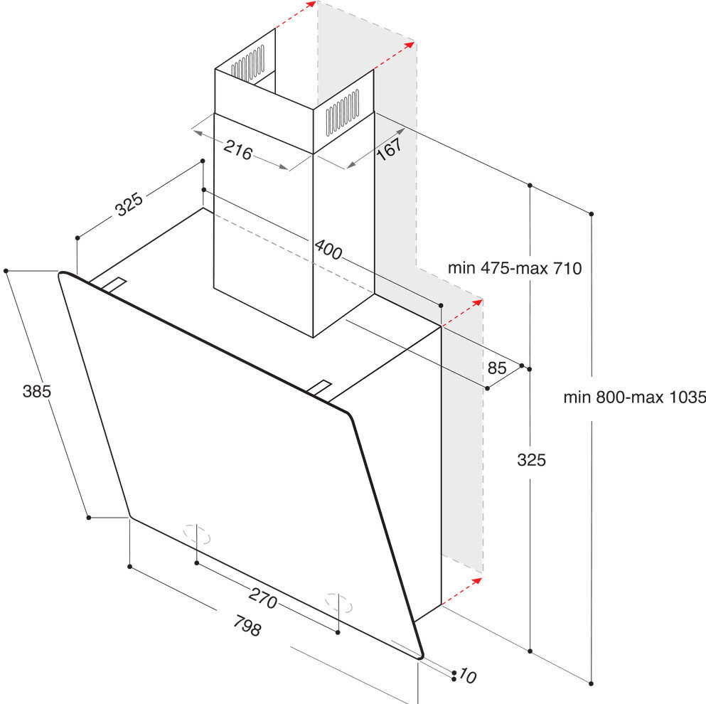 Widok izometryczny białego i czarnego okapu kuchennego z wymiarami wskazanymi czarnymi liniami i numerami.