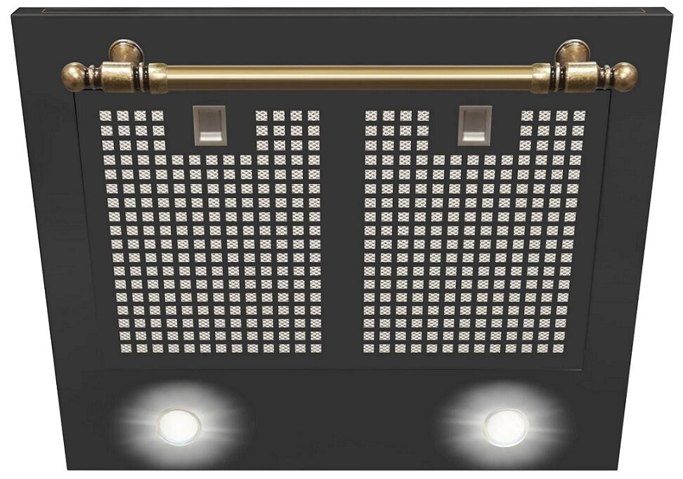 Wnętrze czarnego okapu z metalową kratką, światłami i złotym drążkiem.