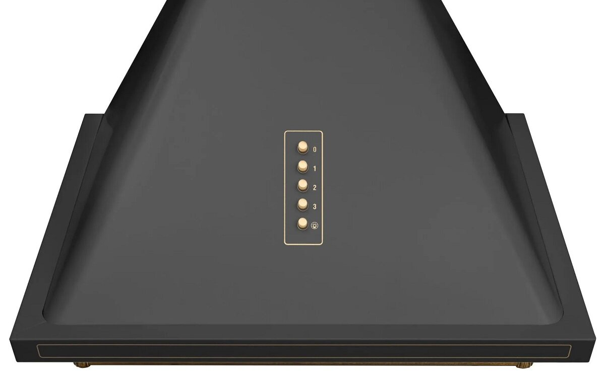 Czarny okap kuchenny z przyciskami i złotą obwódką.