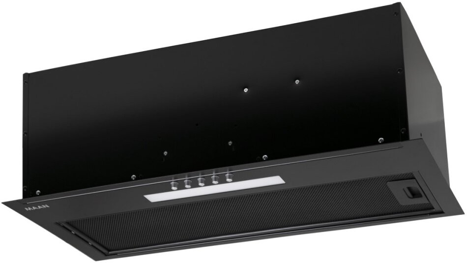 Czarny okap MAAN. Czarny, prostokątny, ze światłami i kratką ze stali nierdzewnej.