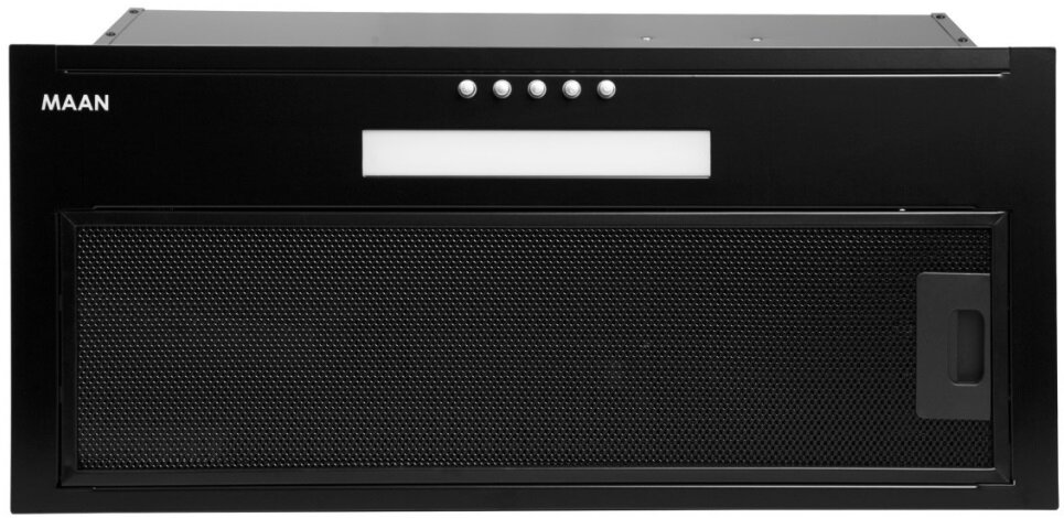 Czarny okap z panelem sterowania i filtrem siatkowym na białej powierzchni.