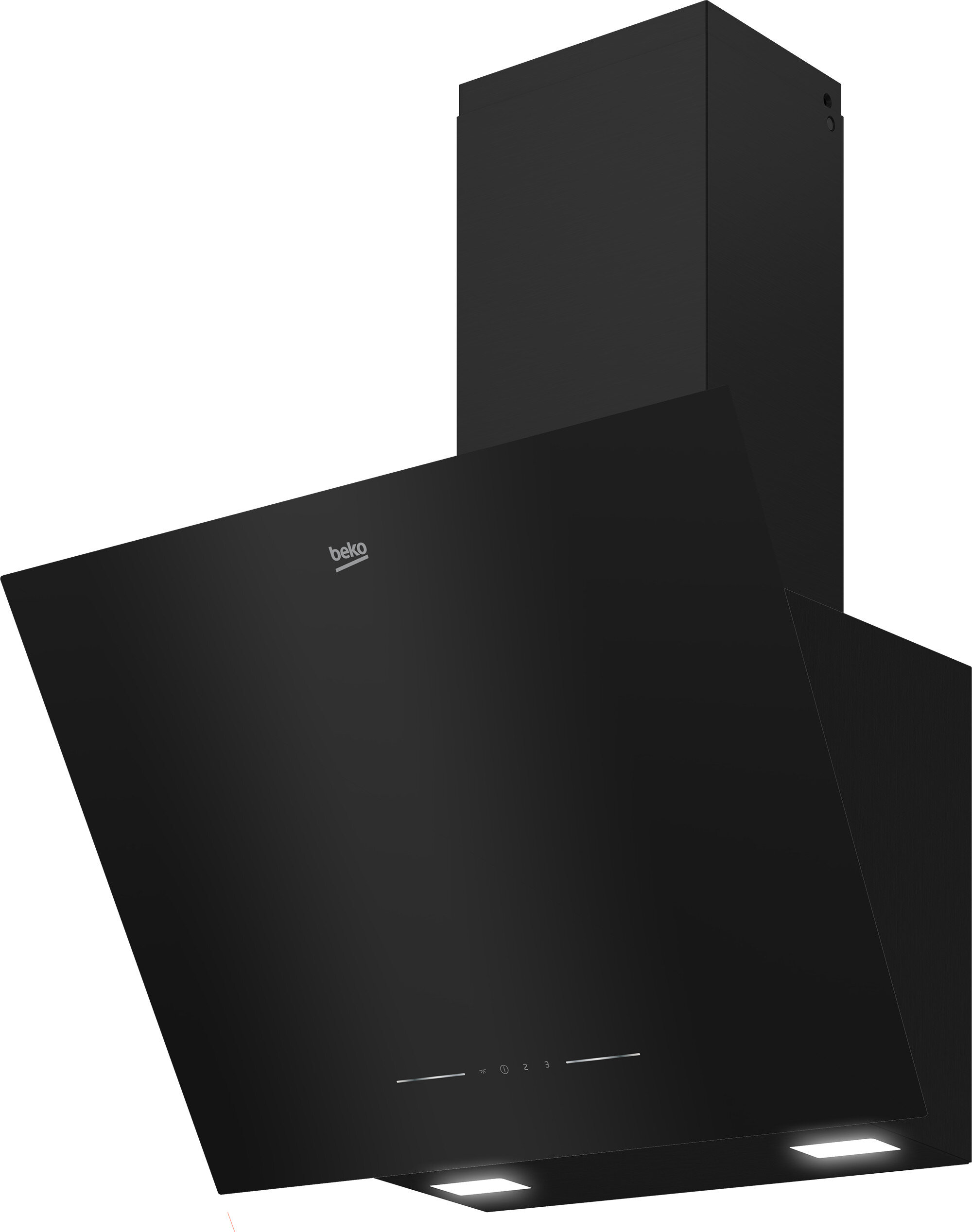 Czarny pochylony okap z logo Beko. Posiada sterowanie dotykowe i dwa światła poniżej.