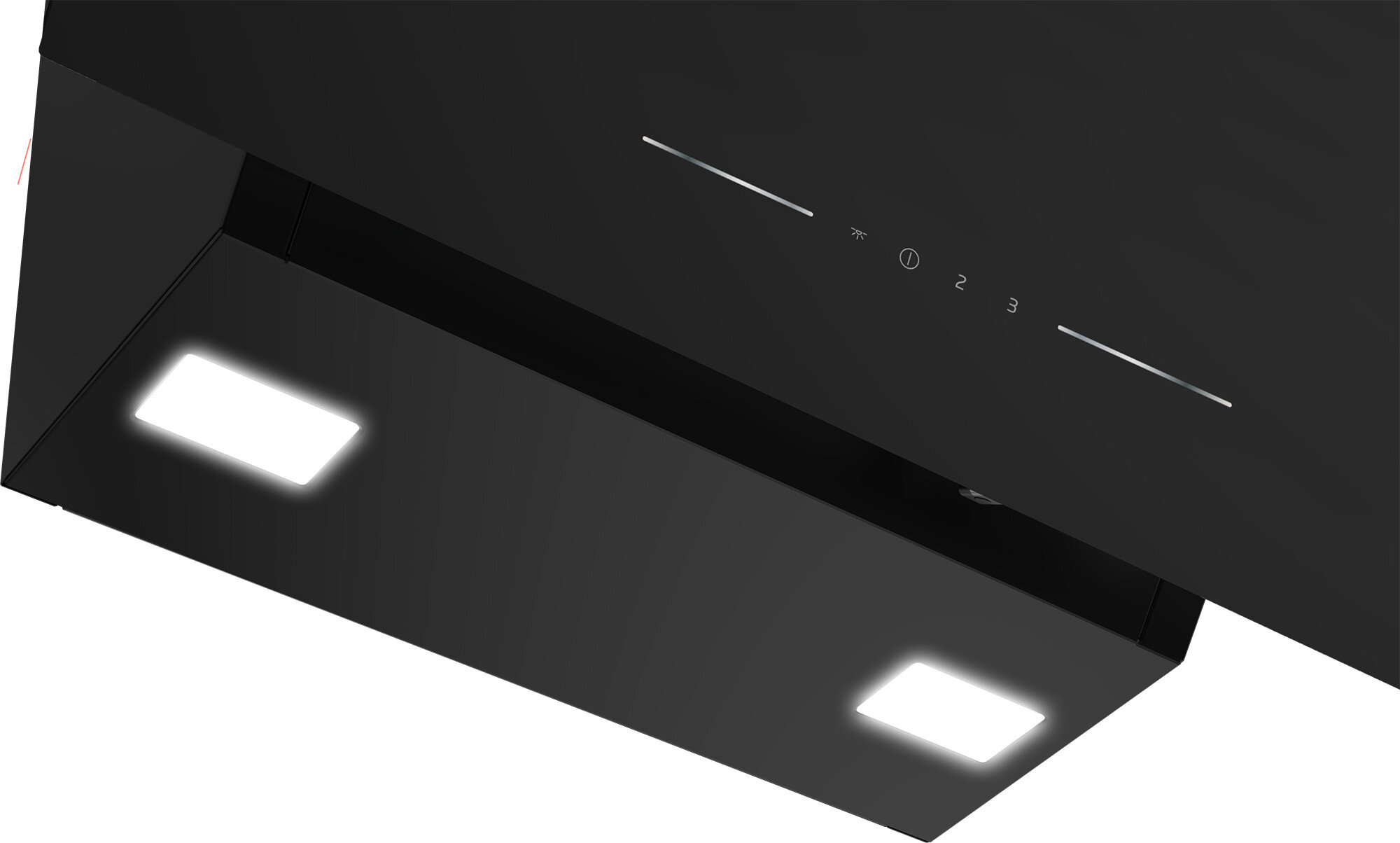 Czarny spód okapu kuchennego z dwoma jasnymi światłami. Okap ma panel sterowania z trzema przyciskami.