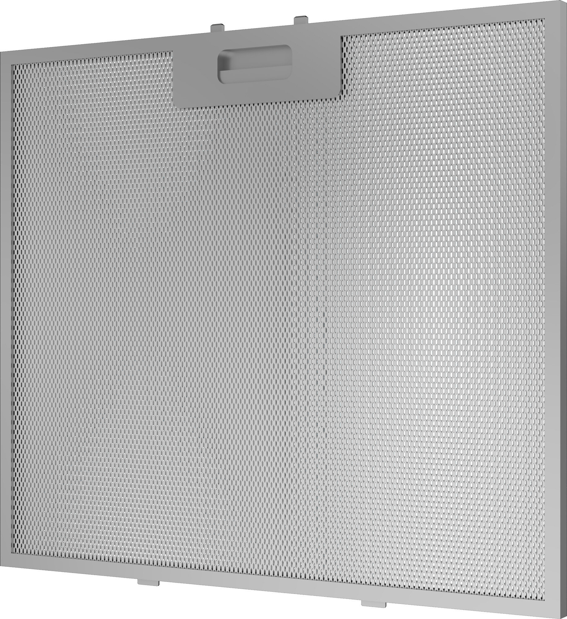 Zbliżenie prostokątnego, perforowanego filtra metalowego z uchwytem, na jasnym tle.