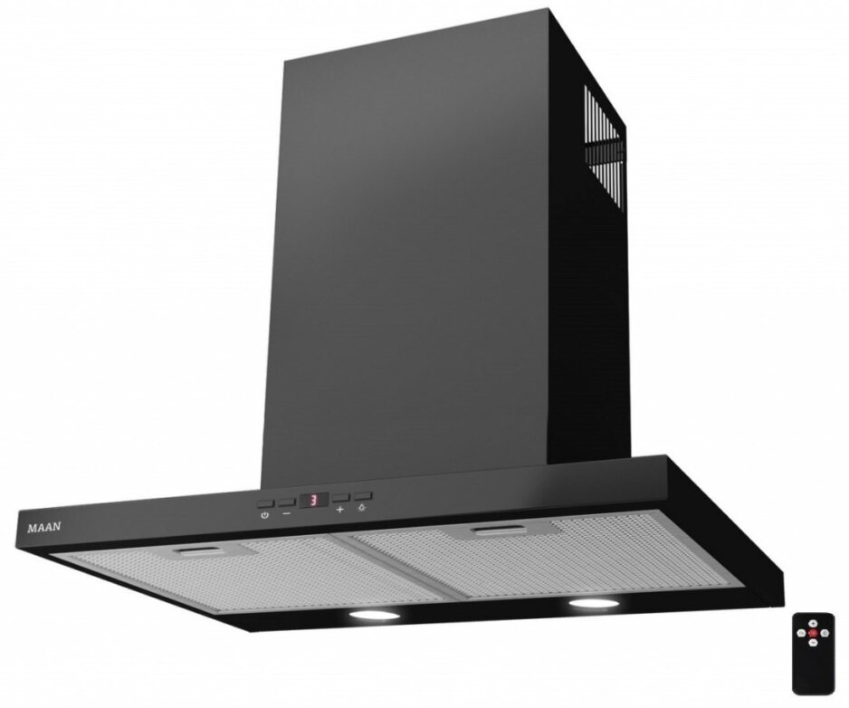 Czarny okap z oświetleniem, wyświetlaczem cyfrowym i pilotem na białym tle.