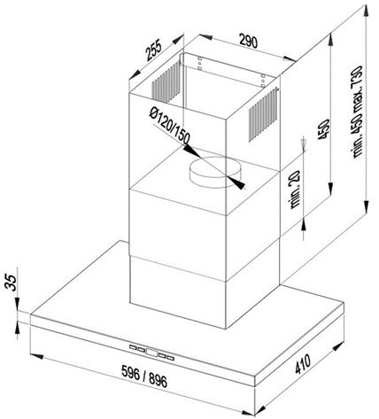 Widok izometryczny okapu kuchennego z wymiarami, otworem wentylacyjnym i otwartym bokiem.