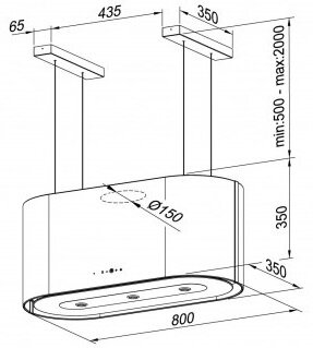 Schemat okapu kuchennego. Wymiary są oznaczone, w tym wysokość, szerokość i średnica wylotu.