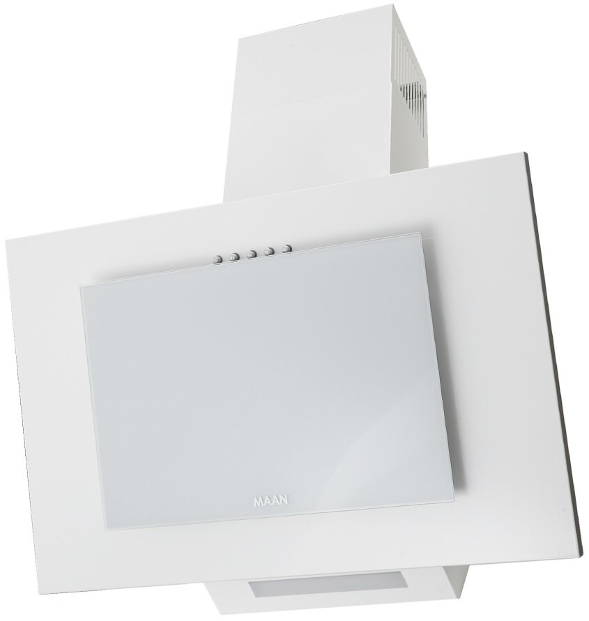 Biały okap kuchenny ze szklanym panelem i srebrną listwą.