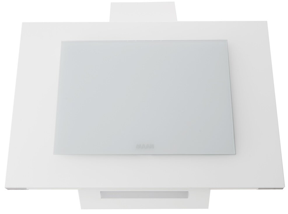 Biały okap kuchenny ze szklanym panelem. Ma minimalistyczny design.