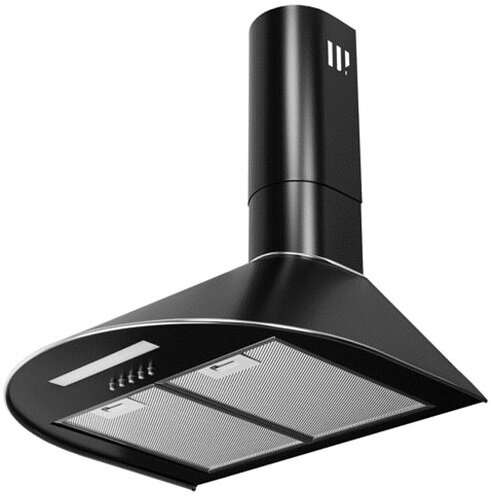 Czarny okap kuchenny o zaokrąglonym kształcie. Posiada dwa metalowe filtry siatkowe i przyciski sterowania.