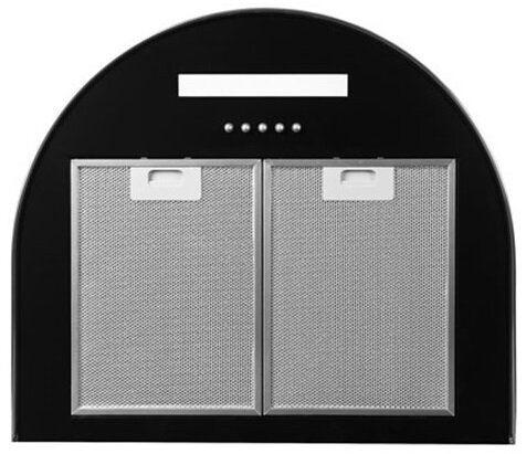 Czarny okap kuchenny z półokrągłym wierzchem. Posiada dwa metalowe filtry, panel sterowania i biały pasek wyświetlacza.