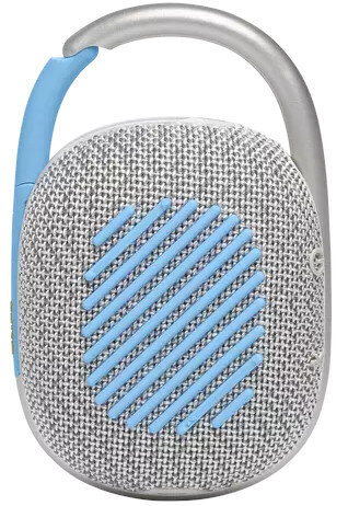 Przenośny głośnik, szara siatka z jasnoniebieskimi akcentami. Zawiera srebrny uchwyt i niebieski klips.