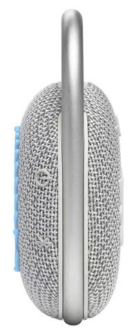 Widok z boku przenośnego, srebrnego głośnika ze srebrnym uchwytem i jasnoniebieskimi akcentami.