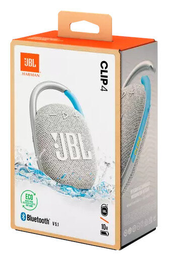 Głośnik JBL Clip 4 w pudełku. Głośnik jest biały, z niebieskim klipsem i niebieskim akcentem.