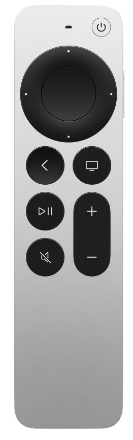 Srebrny pilot Apple TV z czarnymi przyciskami i przyciskiem zasilania u góry.