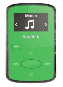 Zielony odtwarzacz MP3 Sandisk. Czarny ekran z symbolem muzyki. Strzałki i przyciski.