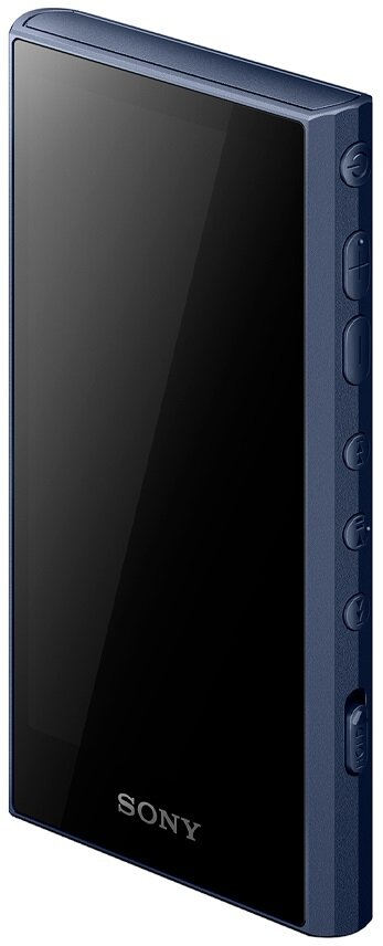 Granatowy odtwarzacz muzyki cyfrowej Sony z przyciskami po prawej stronie.
