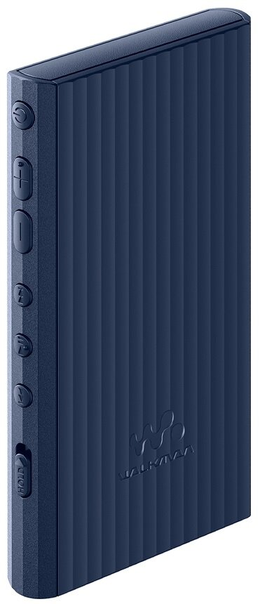 Granatowy cyfrowy odtwarzacz muzyki z przyciskami i żebrowaną fakturą.