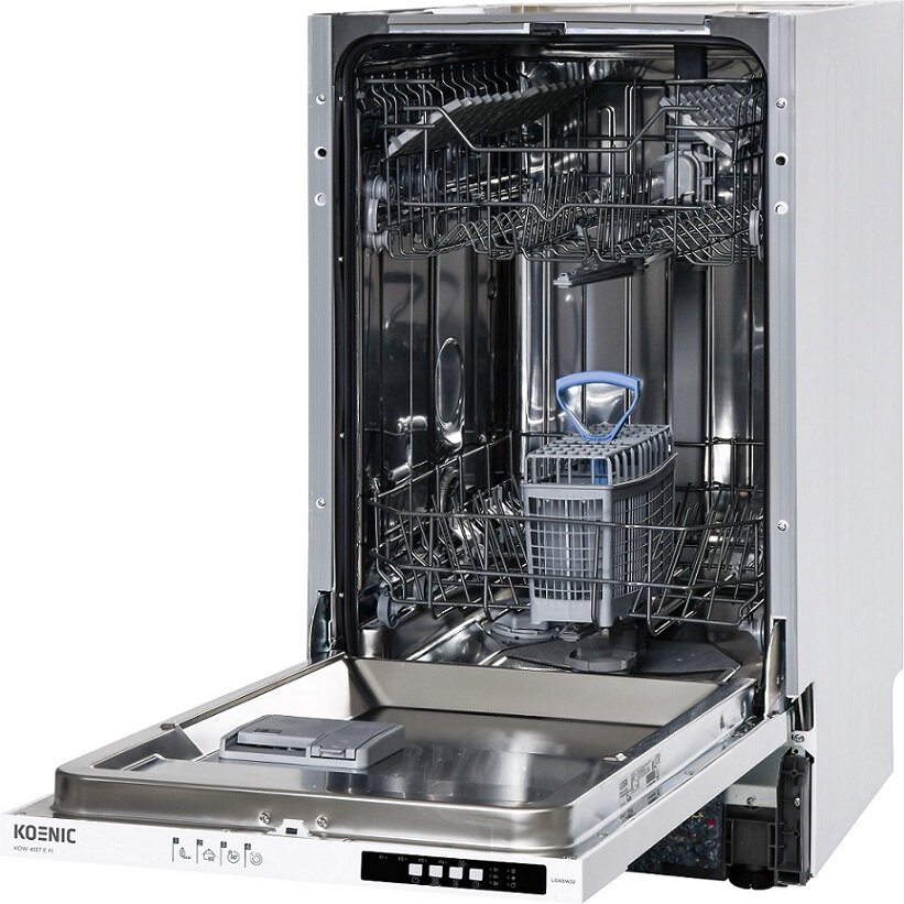 Biała zmywarka z otwartymi drzwiami, pokazująca wewnętrzne półki i koszyk na sztućce.