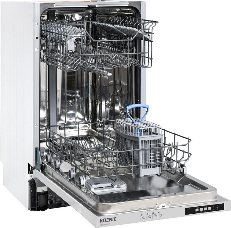 Biała zmywarka z otwartymi drzwiami, pokazująca wewnętrzne kosze. Niebieski uchwyt na górnym koszu.