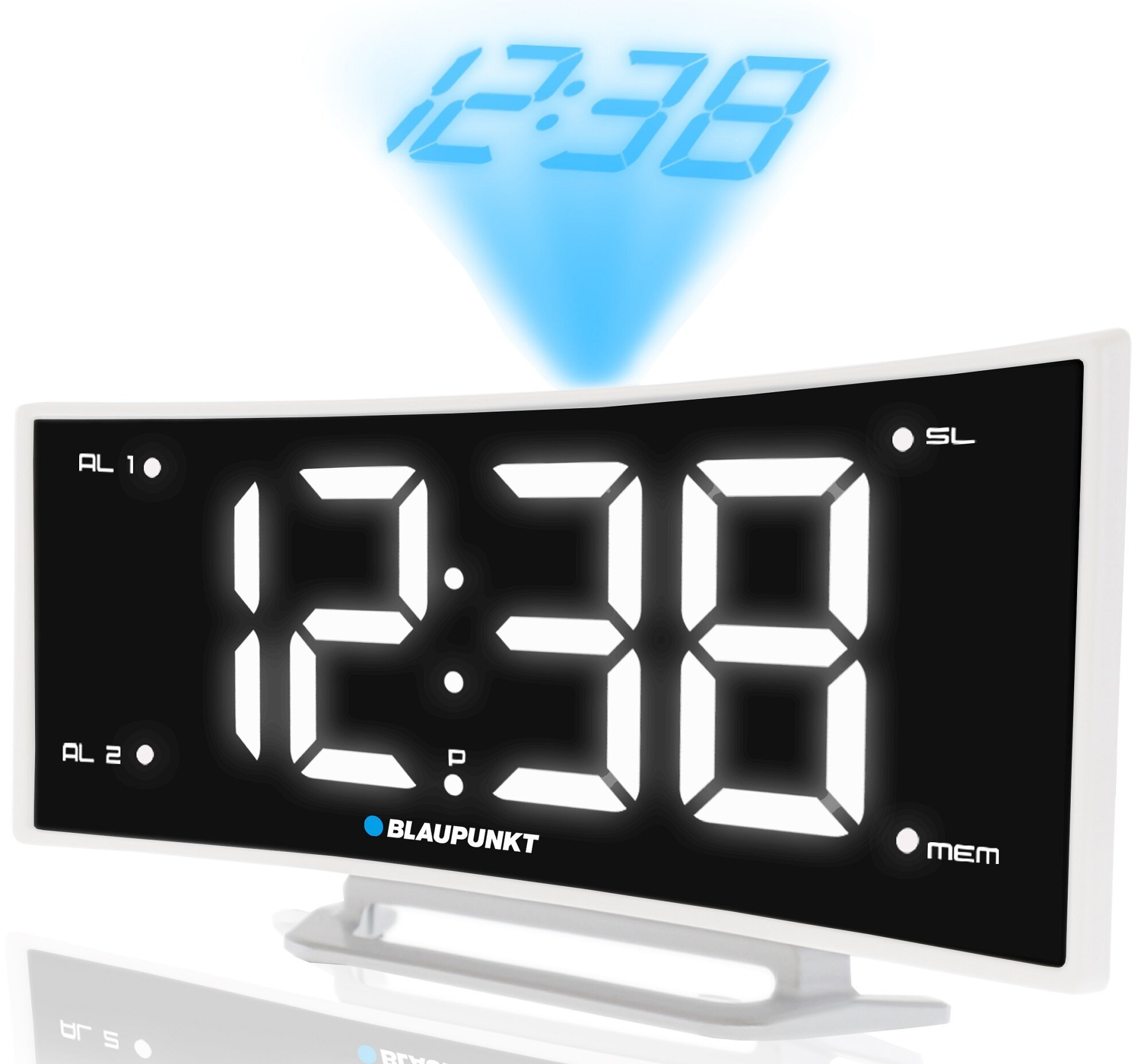 Cyfrowy budzik z zakrzywionym ekranem wyświetlającym 12:38. Biała obudowa, niebieska projekcja światła.