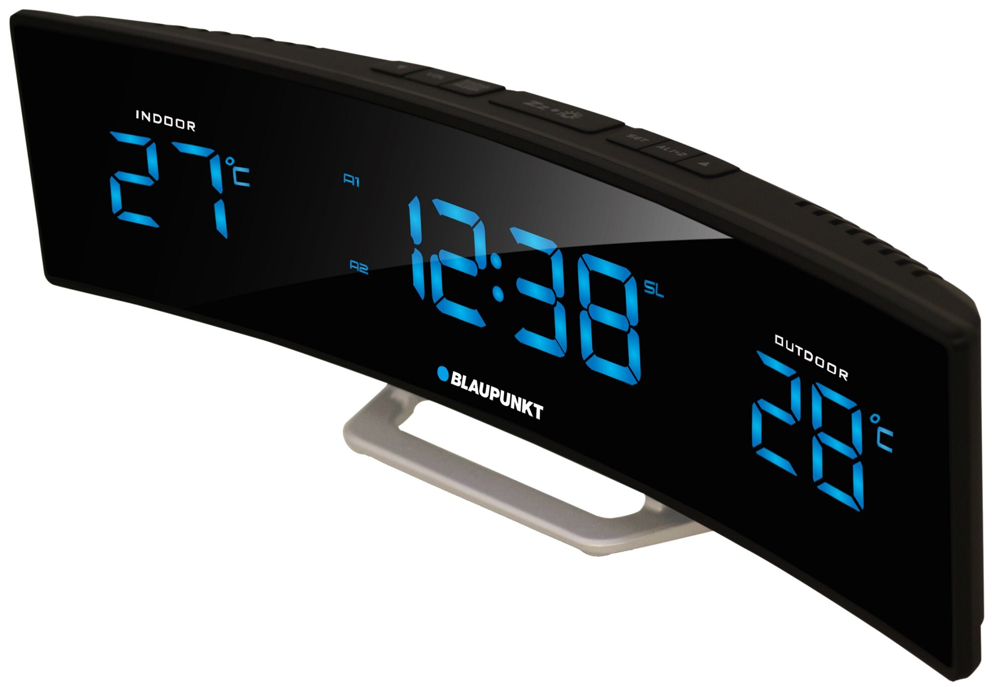 Zakrzywiony zegar cyfrowy pokazujący czas, temperaturę i odczyty wewnątrz/na zewnątrz.