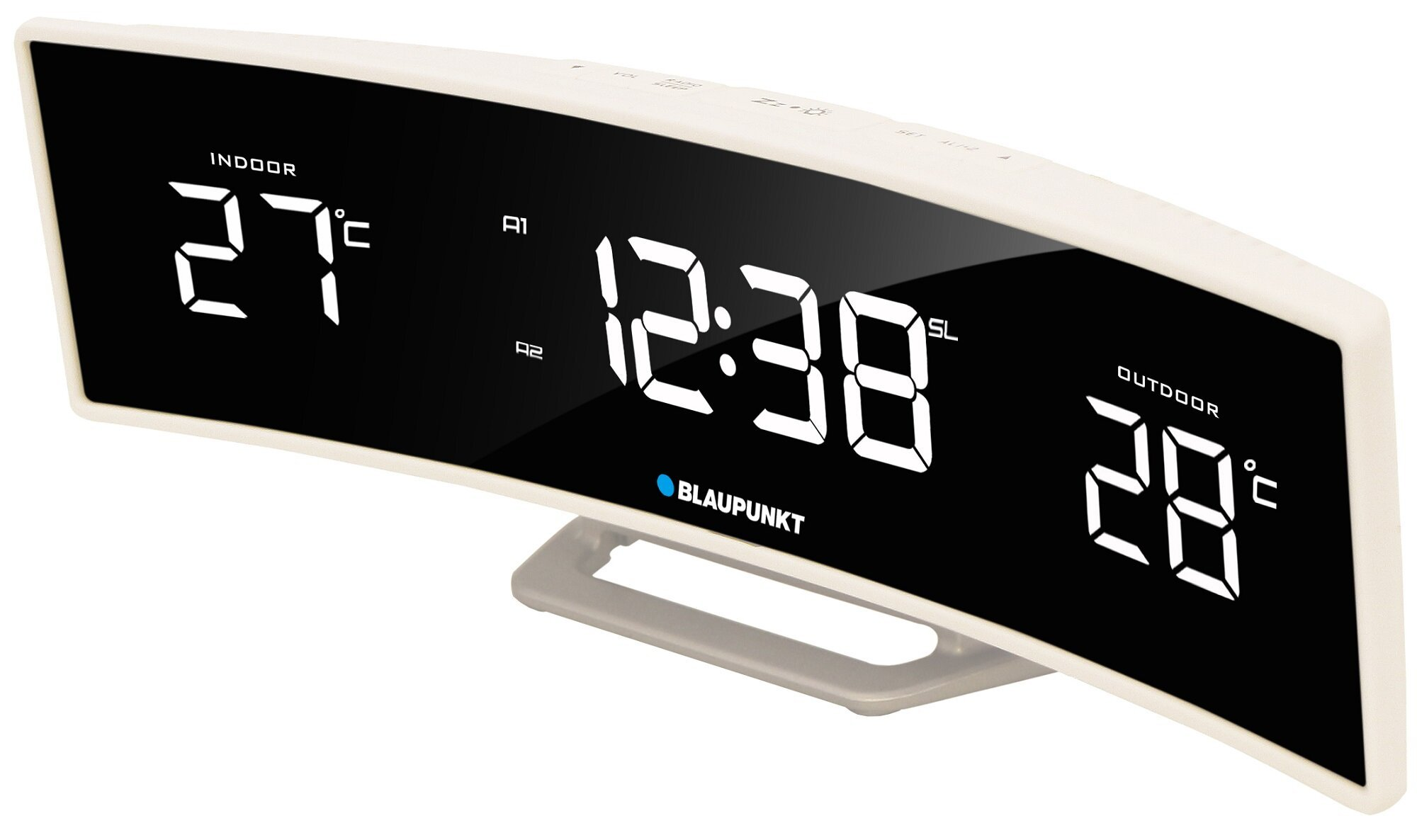 Zegar cyfrowy z temperaturami wewnątrz i na zewnątrz oraz czasem, w bieli na czarnym, zakrzywionym wyświetlaczu.