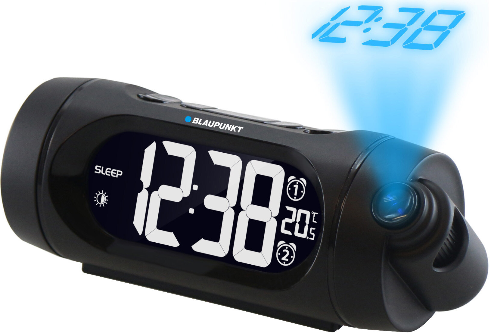 Czarny budzik Blaupunkt wyświetlający 12:38 z niebieską projekcją na powierzchni.