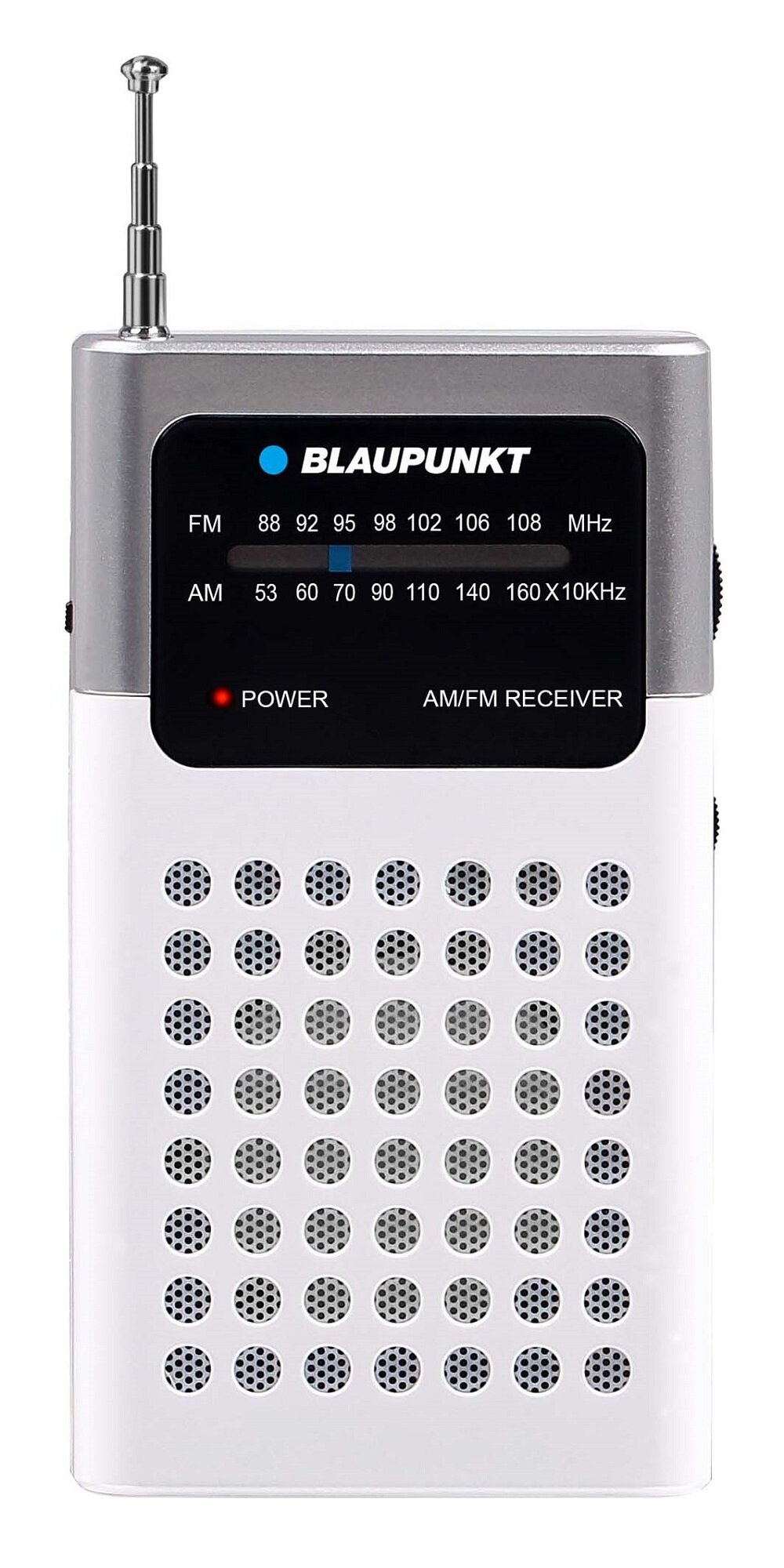 Radio AM/FM Blaupunkt. Biała obudowa z czarnym przodem. Srebrny wierzch i antena.