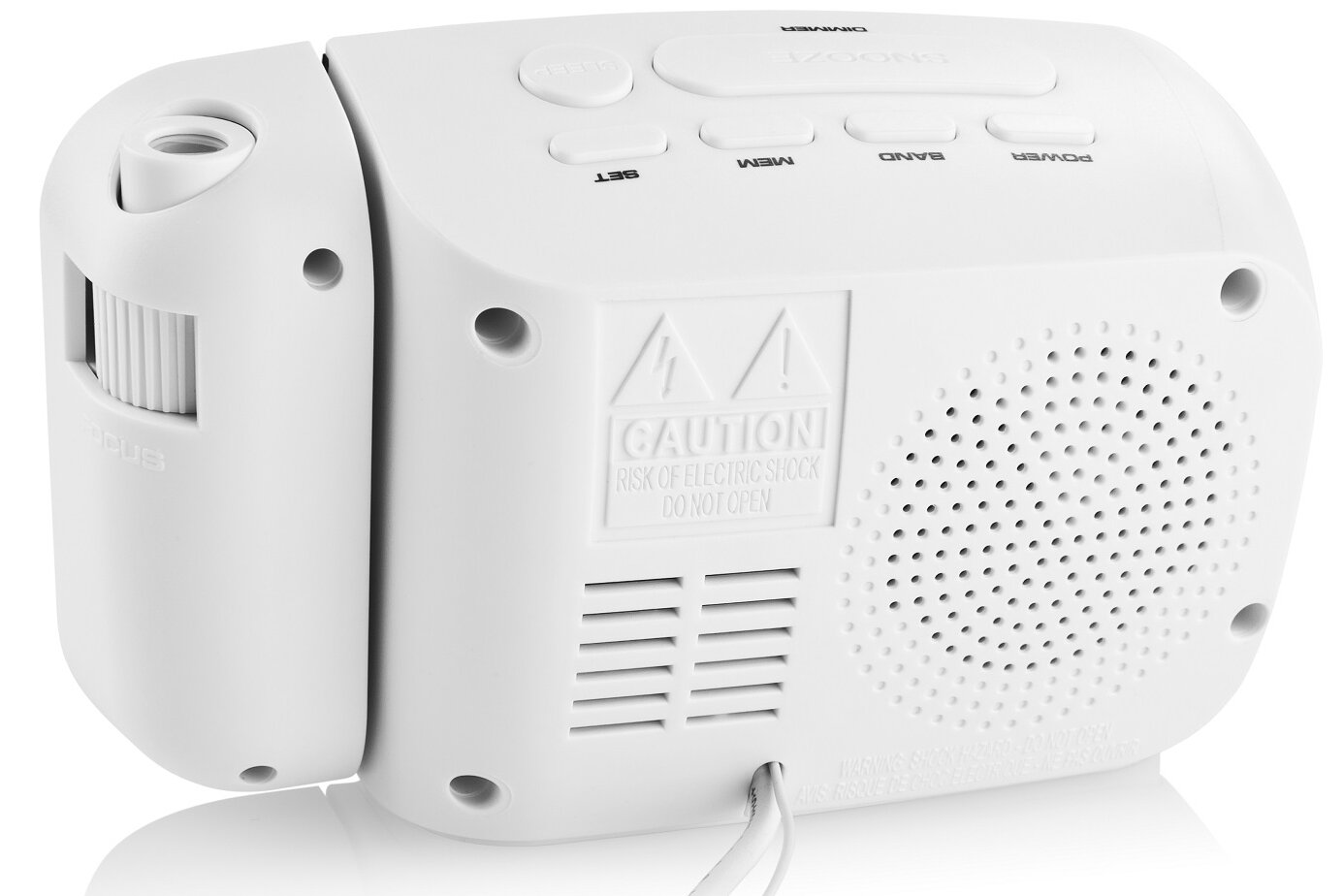 Biały budzik, z przyciskami na górze i głośnikiem z tyłu. Posiada etykietę ostrzegawczą.