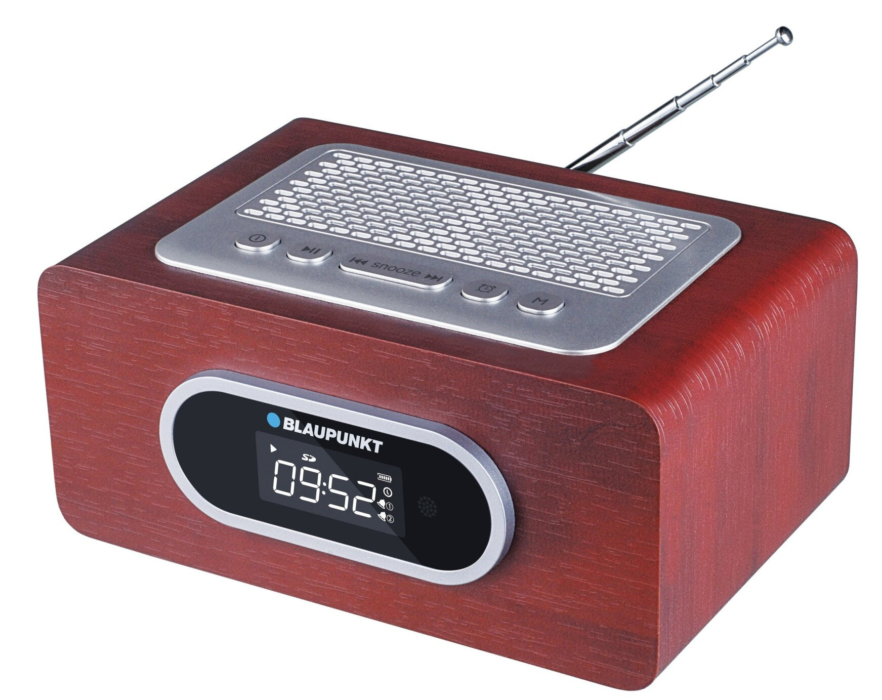 Cyfrowe radio z budzikiem o wyglądzie drewna, srebrne elementy sterujące i antena. Wyświetlacz pokazuje 09:52. Białe tło.