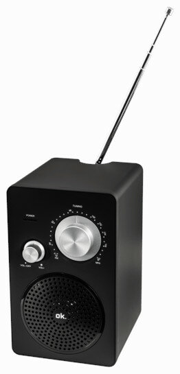 Czarny radioodbiornik z pokrętłem głośności, pokrętłem strojenia i anteną teleskopową.