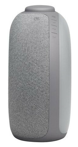 Szary głośnik o owalnym kształcie z białym panelem bocznym i przyciskami z boku.