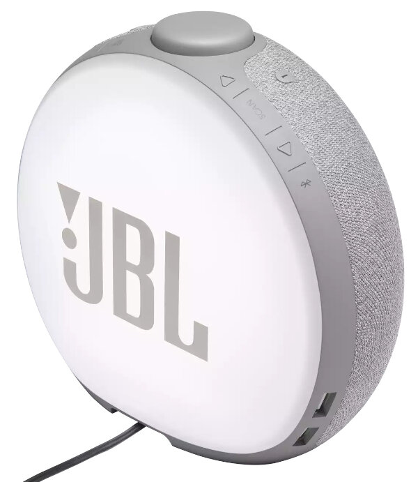 Przenośny głośnik JBL. Szaro-biały design. Przyciski głośności i odtwarzania na górze.