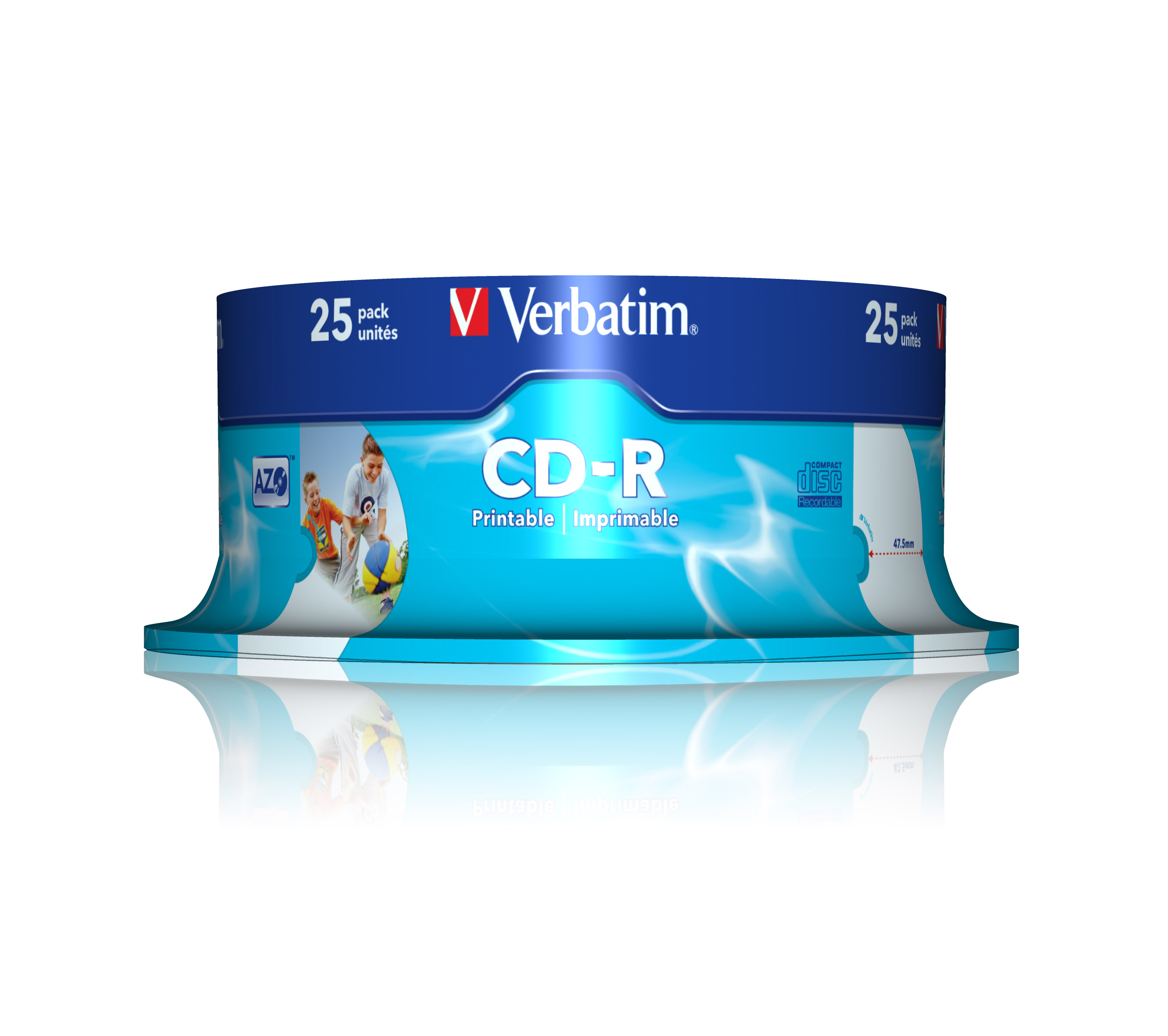 Eine Packung mit 25 Verbatim CD-R-Discs. Die Verpackung ist blau und weiß mit reflektierender Oberfläche.