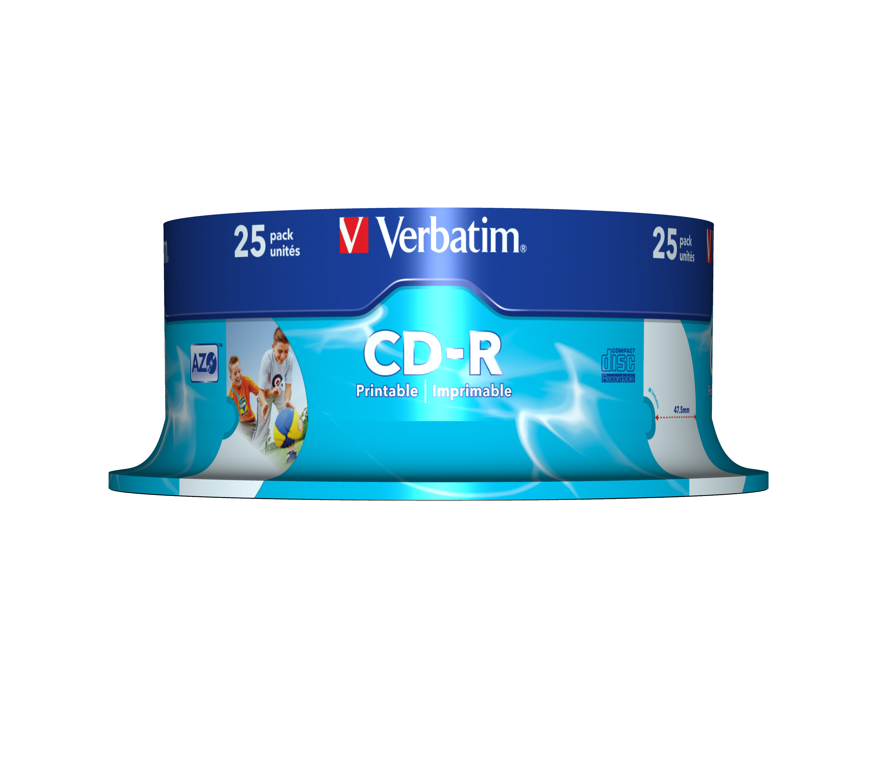 Ein CD-R-Disc-Pack von Verbatim. Die Verpackung ist blau mit weißen und roten Akzenten. Es ist in einer Vorderansicht.