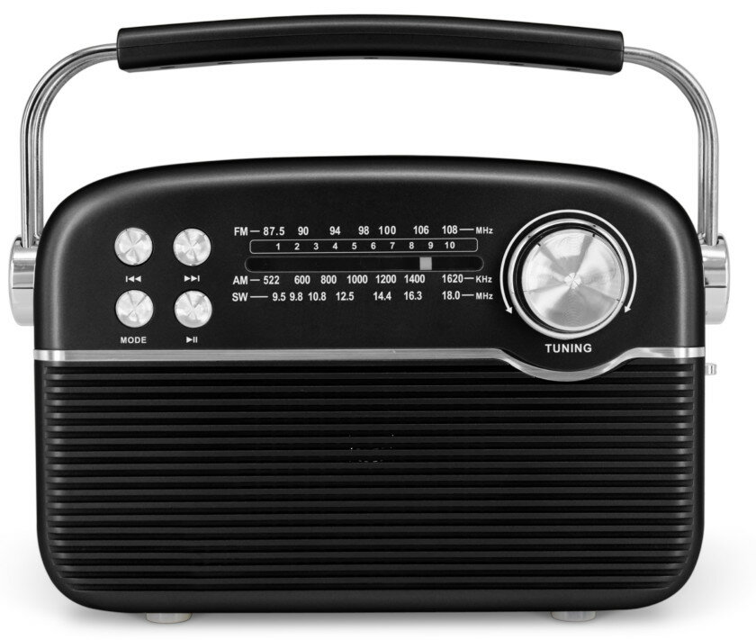 Czarne radio retro ze srebrnym uchwytem, przyciskami i pokrętłem strojenia. Pokazuje częstotliwości FM/AM/SW.